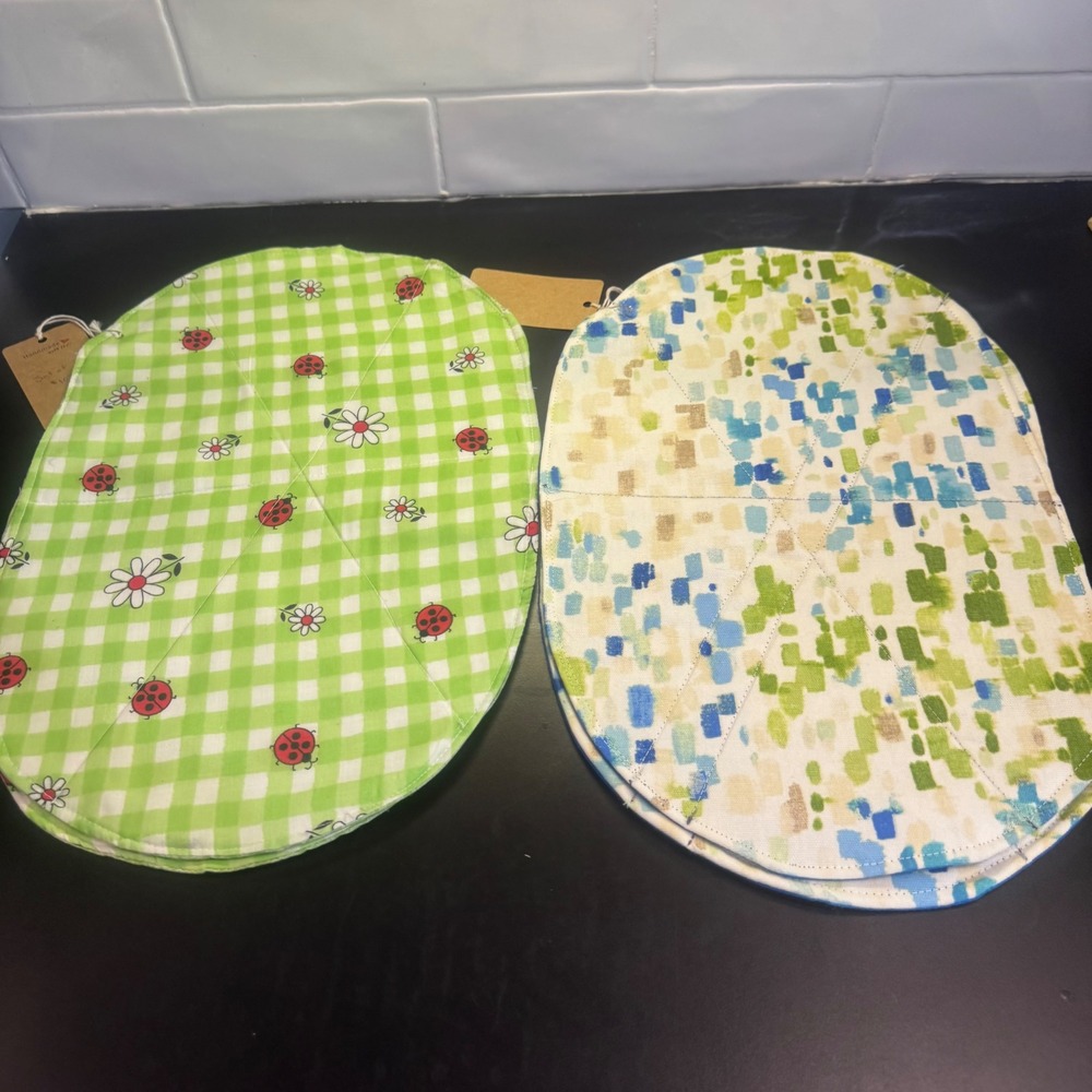 Handmade Quilted Oval Placemats Set of 4 Green Blue Ladybug Gingham Reversible